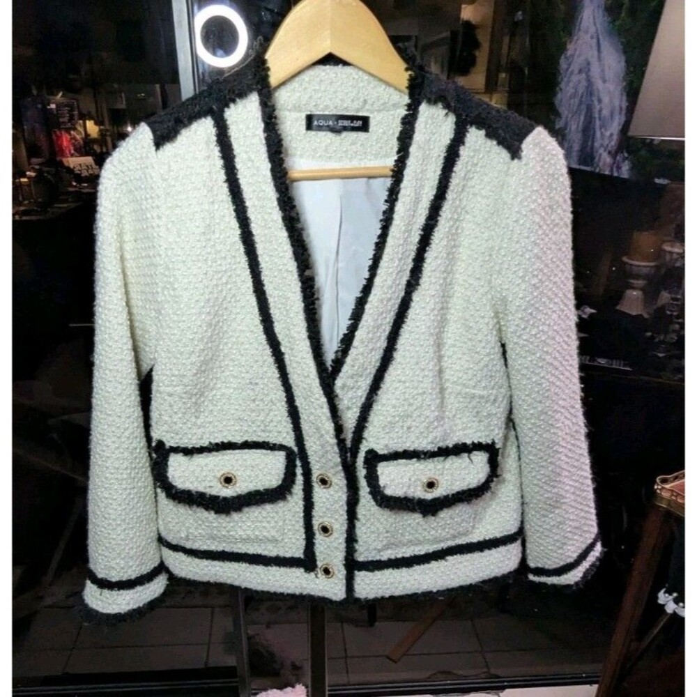 Aqua - Women's Boucle Wool Blend Ivory Black Trim Fully Lined Blazer M